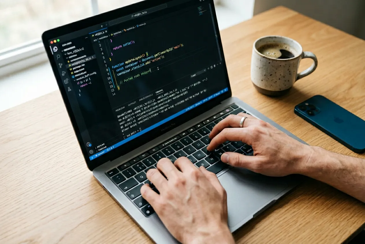 Mãos colando script de analytics no editor de código do site