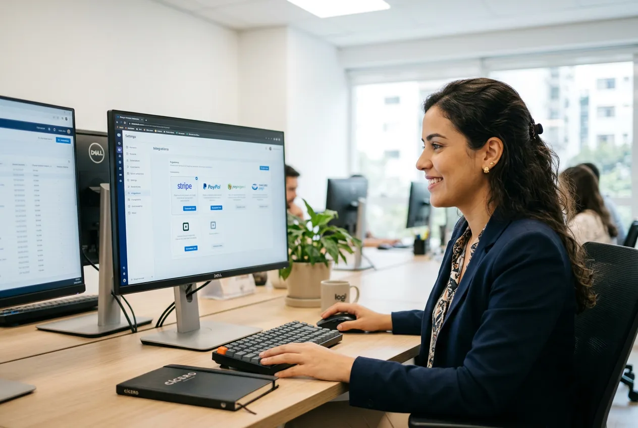 Profissional conectando plataformas de pagamento ao painel de analytics