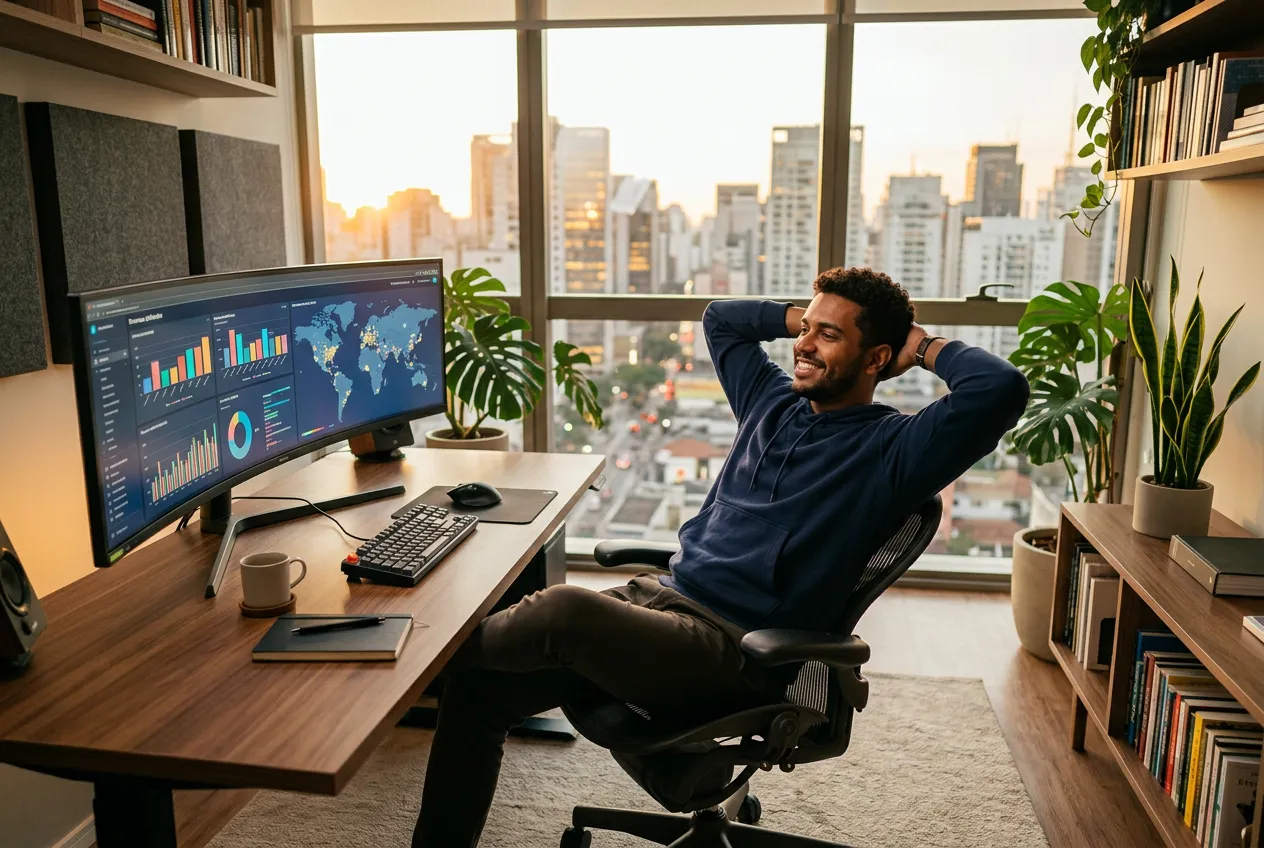 Empreendedor satisfeito visualizando dashboard de receita por canal no monitor